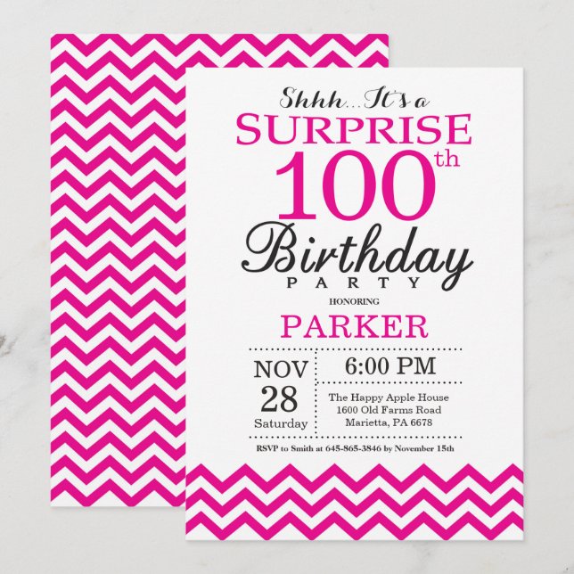 Invitación Sorpresa Cumpleaños 100 Rosa Caliente Chevron (Anverso / Reverso)