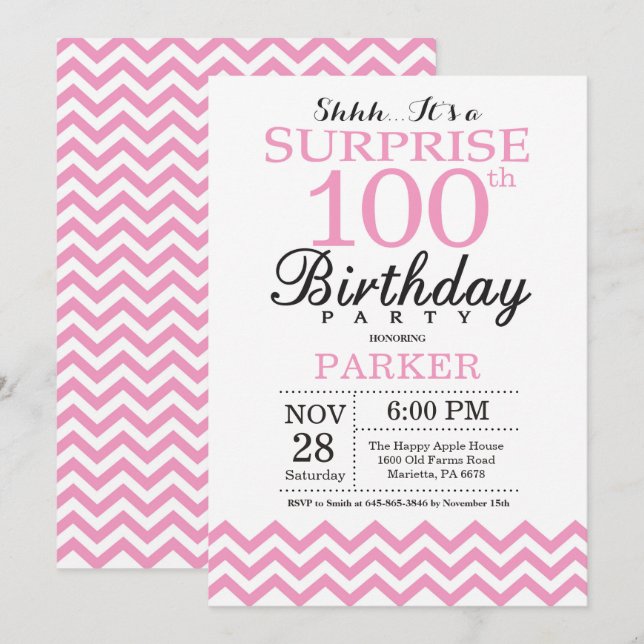 Invitación Sorpresa Cumpleaños 100 Rosa Chevron (Anverso / Reverso)