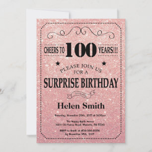 Invitación Sorpresa Cumpleaños 100 Rosa Dorado Brillante