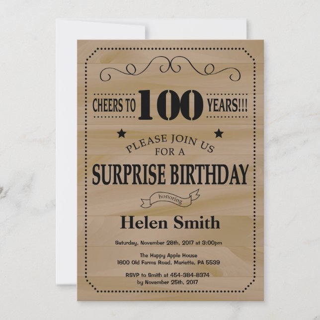 Invitación Sorpresa Cumpleaños 100 Rustico Madera (Anverso)