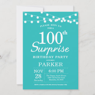 Invitación Sorpresa Cumpleaños 100 Teal Aqua Turquesa