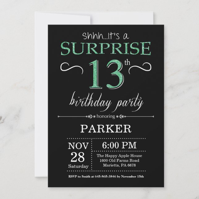 Invitación Sorpresa Cumpleaños 13 Negro y Brillo Verde (Anverso)