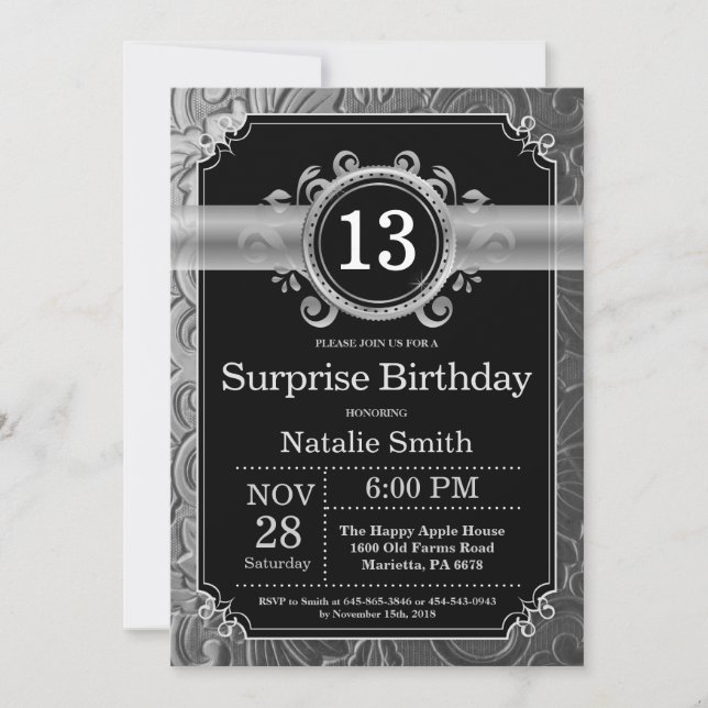 Invitación Sorpresa Cumpleaños 13 Negro y Plata Brillo (Anverso)