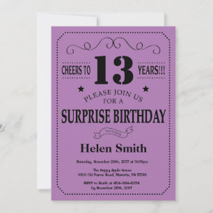 Invitación Sorpresa cumpleaños 13 negro y púrpura