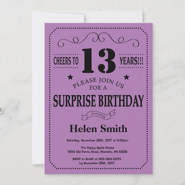 Invitación Sorpresa cumpleaños 13 negro y púrpura (Anverso)