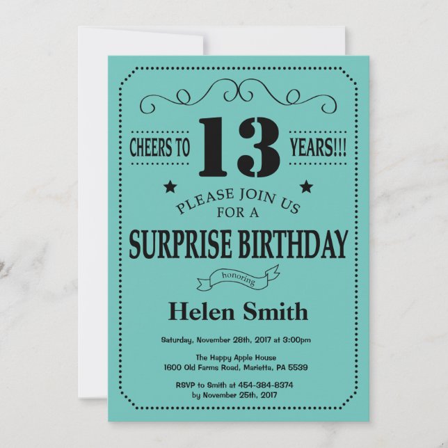 Invitación Sorpresa cumpleaños 13 negro y turquesa (Anverso)