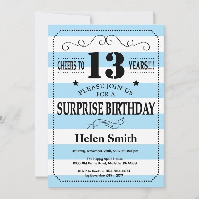 Invitación Sorpresa Cumpleaños 13 Rayas Azules y Blancas (Anverso)