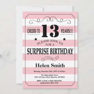 Invitación Sorpresa Cumpleaños 13 Rayas Rosadas y Blancas
