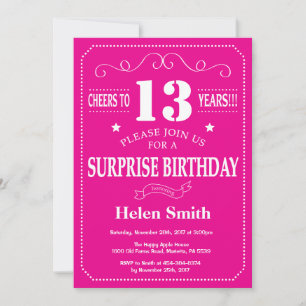 Invitación Sorpresa cumpleaños 13 rosa caliente y blanco