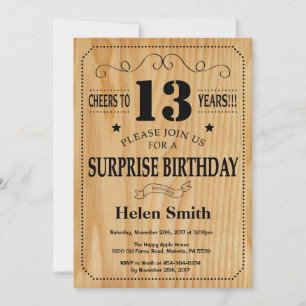 Invitación Sorpresa Cumpleaños 13 Rústico Madera