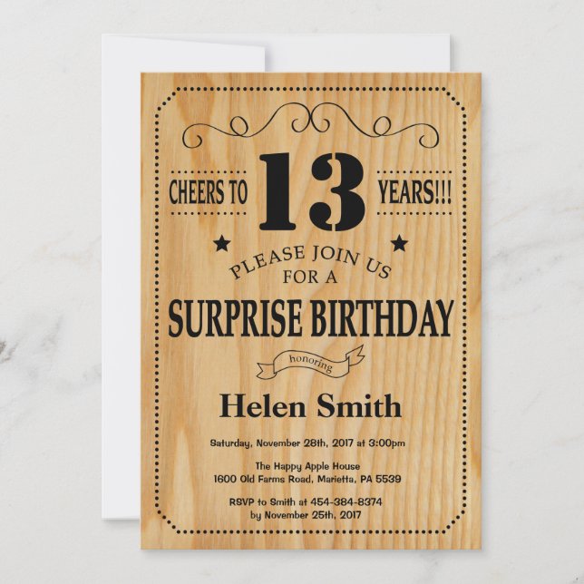 Invitación Sorpresa Cumpleaños 13 Rústico Madera (Anverso)