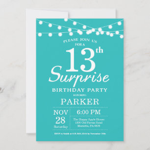 Invitación Sorpresa cumpleaños 13 Teal Aqua Turquesa