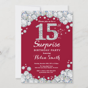 Invitación Sorpresa Cumpleaños 15 Burgundy Rojo Plata Diamant