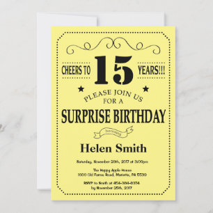 Invitación Sorpresa cumpleaños 15 negro y amarillo