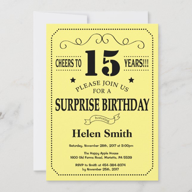 Invitación Sorpresa cumpleaños 15 negro y amarillo (Anverso)