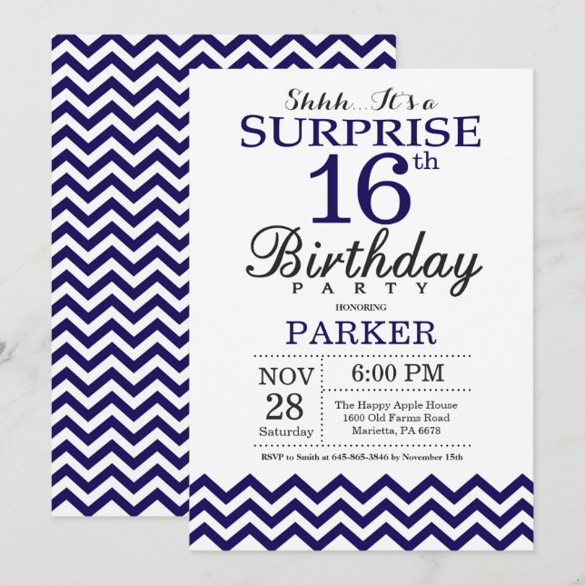Invitación Sorpresa cumpleaños 16 azul marino Chevron (Anverso / Reverso)