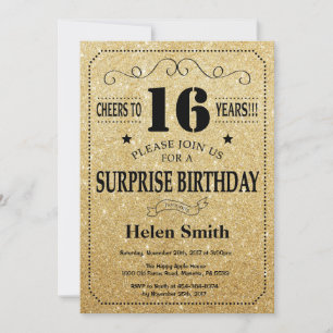 Invitación Sorpresa cumpleaños 16 negro y dorado brillo