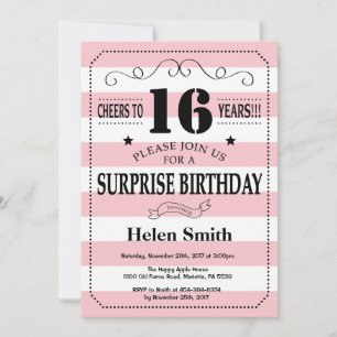 Invitación Sorpresa Cumpleaños 16 Rayas Rosadas y Blancas