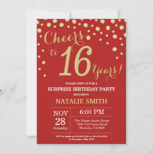 Invitación Sorpresa Cumpleaños 16 Rojo y Diamante Dorado