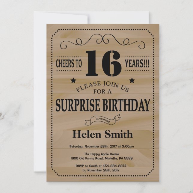 Invitación Sorpresa Cumpleaños 16 Rústico Madera (Anverso)