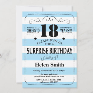Invitación Sorpresa Cumpleaños 18 Azul y Rayas Blancas