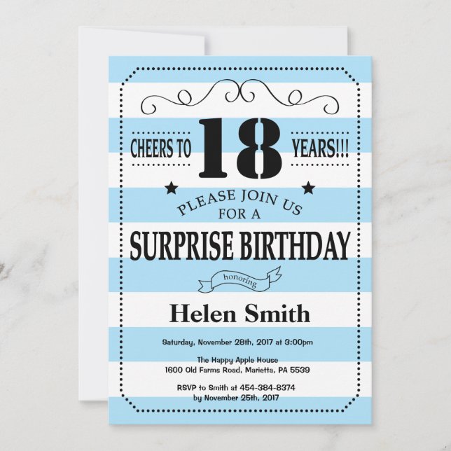 Invitación Sorpresa Cumpleaños 18 Azul y Rayas Blancas (Anverso)