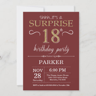 Invitación Sorpresa Cumpleaños 18 Burgundy y Dorado Brillante