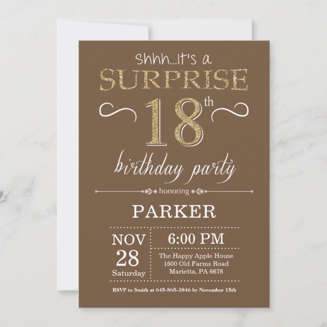 Invitación Sorpresa Cumpleaños 18 Cumpleaños Dorado y Marrón  (Anverso)
