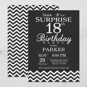 Invitación Sorpresa cumpleaños 18 negro y blanco Chevron