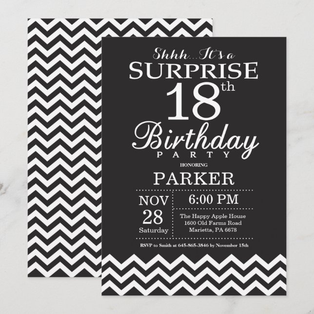 Invitación Sorpresa cumpleaños 18 negro y blanco Chevron (Anverso / Reverso)