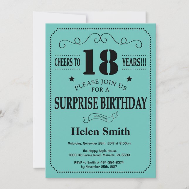 Invitación Sorpresa cumpleaños 18 negro y turquesa (Anverso)