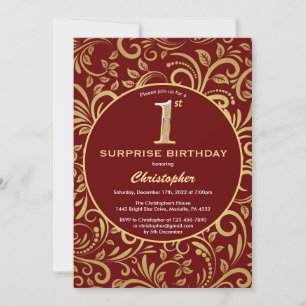 Invitación Sorpresa cumpleaños 1 año rojo burdeos y floral do
