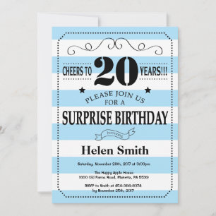 Invitación Sorpresa Cumpleaños 20 Azul y Blanco Rayas