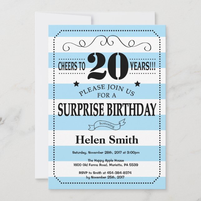 Invitación Sorpresa Cumpleaños 20 Azul y Blanco Rayas (Anverso)