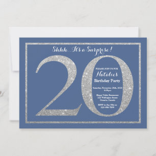 Invitación Sorpresa Cumpleaños 20 Azul y Plata Brillante