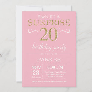 Invitación Sorpresa Cumpleaños 20 Cumpleaños Rosa y Dorado Br