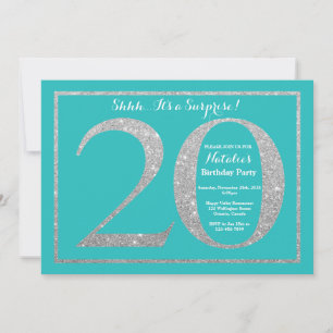 Invitación Sorpresa Cumpleaños 20 Cumpleaños Teal y Brillo de