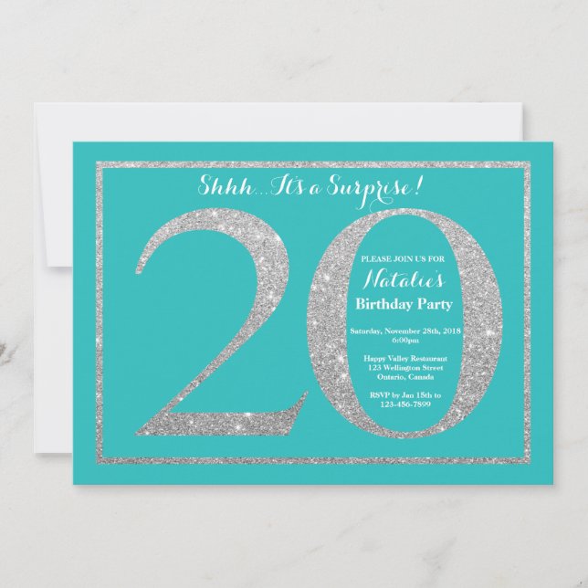 Invitación Sorpresa Cumpleaños 20 Cumpleaños Teal y Brillo de (Anverso)
