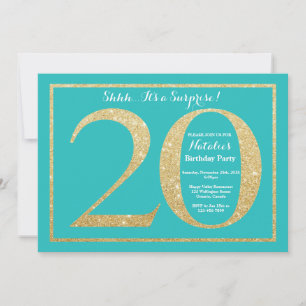 Invitación Sorpresa Cumpleaños 20 Cumpleaños Teal y Dorado Br