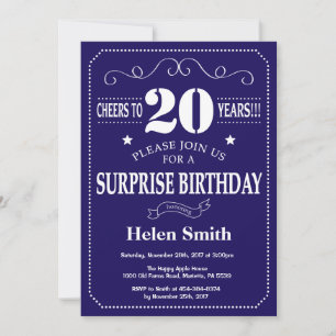Invitación Sorpresa cumpleaños 20 Navy azul y blanco