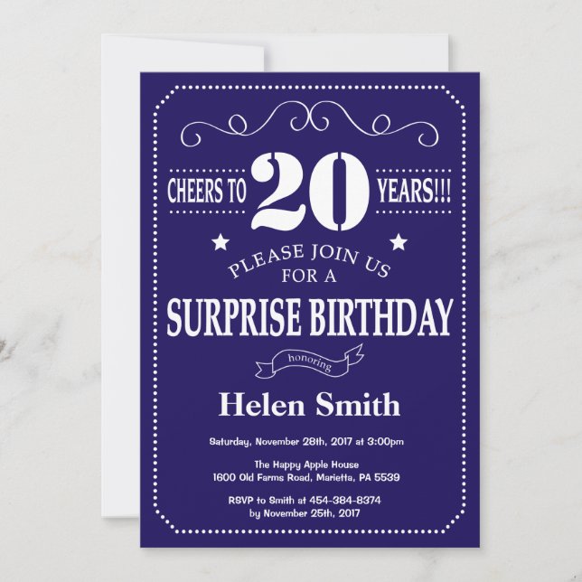 Invitación Sorpresa cumpleaños 20 Navy azul y blanco (Anverso)