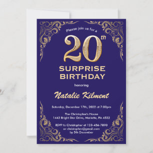 Invitación Sorpresa Cumpleaños 20 Navy Azul y Dorado Brillo