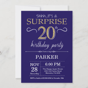 Invitación Sorpresa cumpleaños 20 Navy Blue y brillo dorado