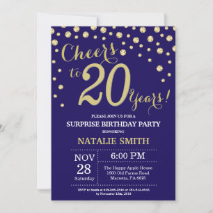 Invitación Sorpresa cumpleaños 20 Navy Blue y diamante dorado