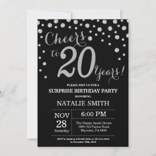 Invitación Sorpresa Cumpleaños 20 Negro y Diamante Plateado