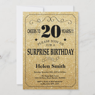 Invitación Sorpresa Cumpleaños 20 Negro y Dorado Brillante
