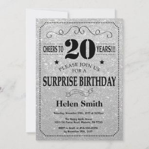 Invitación Sorpresa Cumpleaños 20 Negro y Plata Brillante