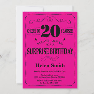Invitación Sorpresa Cumpleaños 20 Negro y Rosa Caliente