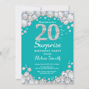 Invitación Sorpresa Cumpleaños 20 Verde Turquesa y Diamante P