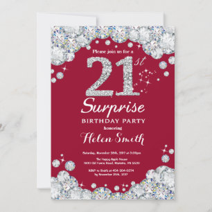 Invitación Sorpresa Cumpleaños 21 Burgundy Rojo Plata Diamant